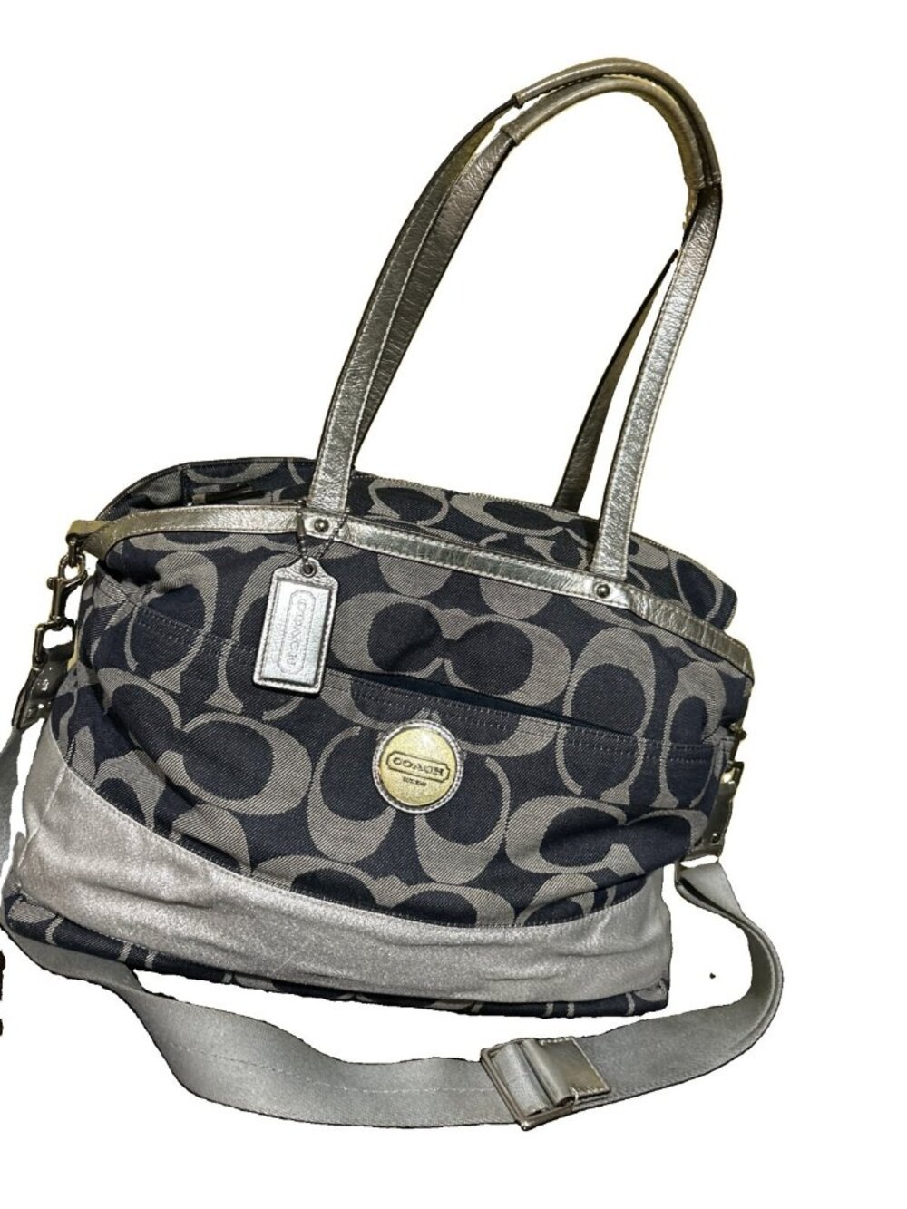 Coach XL Denim Signature Stripe Tote Weekender Diaper Bag F17443 Large Handbag - Picture 1 of 12